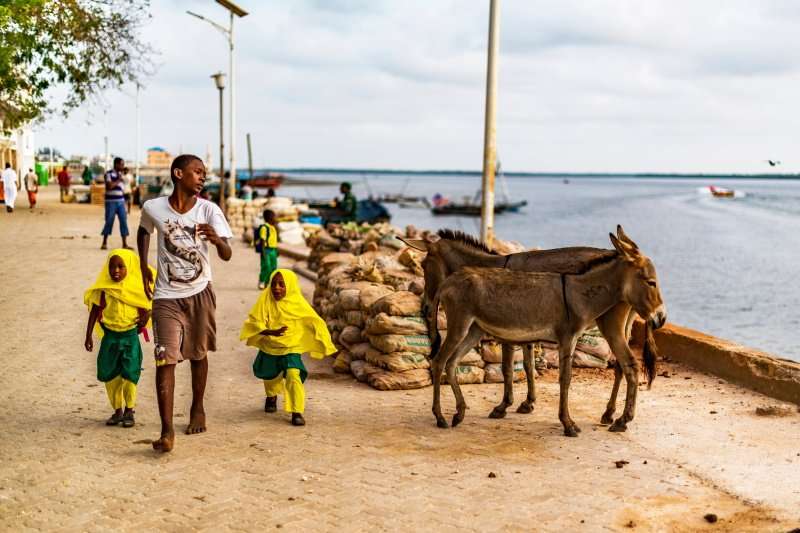 Lamu Town, Lamu Island, Kenya, Africa, Mar 12, 2018 A Kenyan teenager, accompanying two young Swahili girls in school uniform, along the dirt road next to the town’s waterfront - Copia